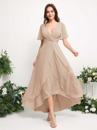 A-Line Asymmetric Chiffon Maxi Dress | V-Neck Short Sleeve Bridesmaid & Wedding Guest Dress #color_champagne