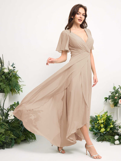 A-Line Asymmetric Chiffon Maxi Dress | V-Neck Short Sleeve Bridesmaid & Wedding Guest Dress #color_champagne