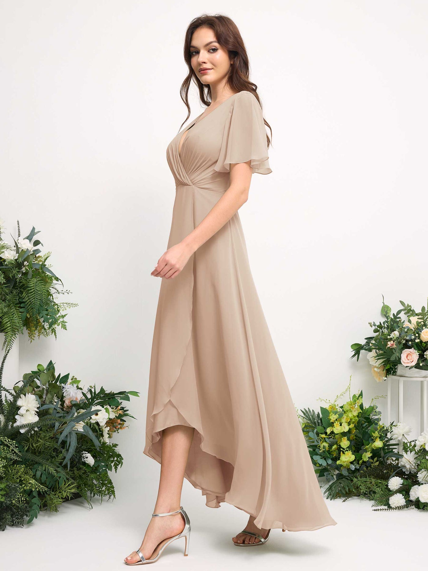 A-Line Asymmetric Chiffon Maxi Dress | V-Neck Short Sleeve Bridesmaid & Wedding Guest Dress #color_champagne