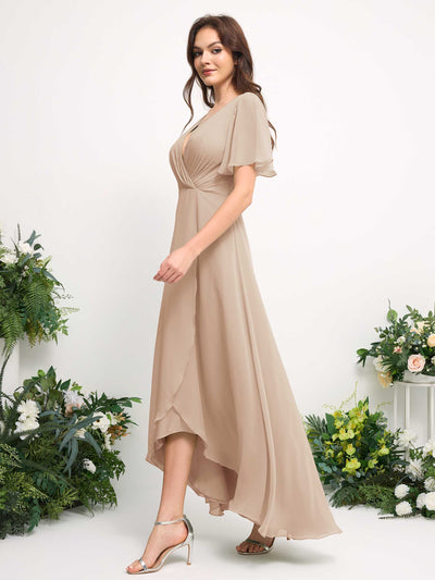 A-Line Asymmetric Chiffon Maxi Dress | V-Neck Short Sleeve Bridesmaid & Wedding Guest Dress #color_champagne