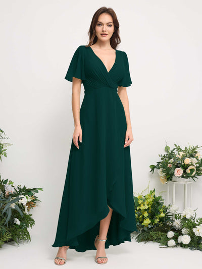 A-Line Asymmetric Chiffon Maxi Dress | V-Neck Short Sleeve Bridesmaid & Wedding Guest Dress #color_dark-emerald