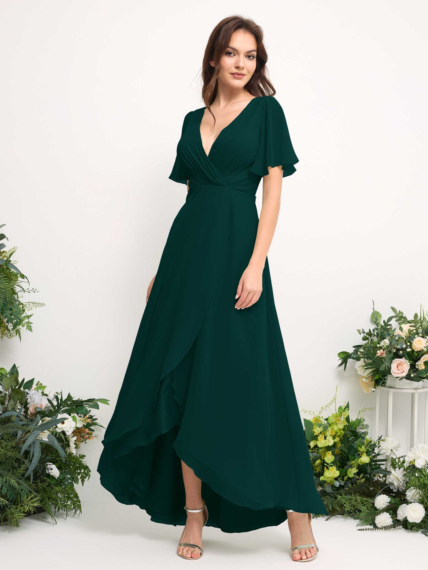 A-Line Asymmetric Chiffon Maxi Dress | V-Neck Short Sleeve Bridesmaid & Wedding Guest Dress #color_dark-emerald
