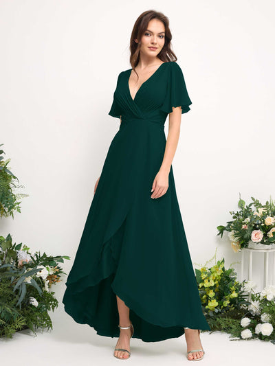A-Line Asymmetric Chiffon Maxi Dress | V-Neck Short Sleeve Bridesmaid & Wedding Guest Dress #color_dark-emerald