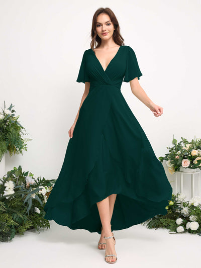 A-Line Asymmetric Chiffon Maxi Dress | V-Neck Short Sleeve Bridesmaid & Wedding Guest Dress #color_dark-emerald