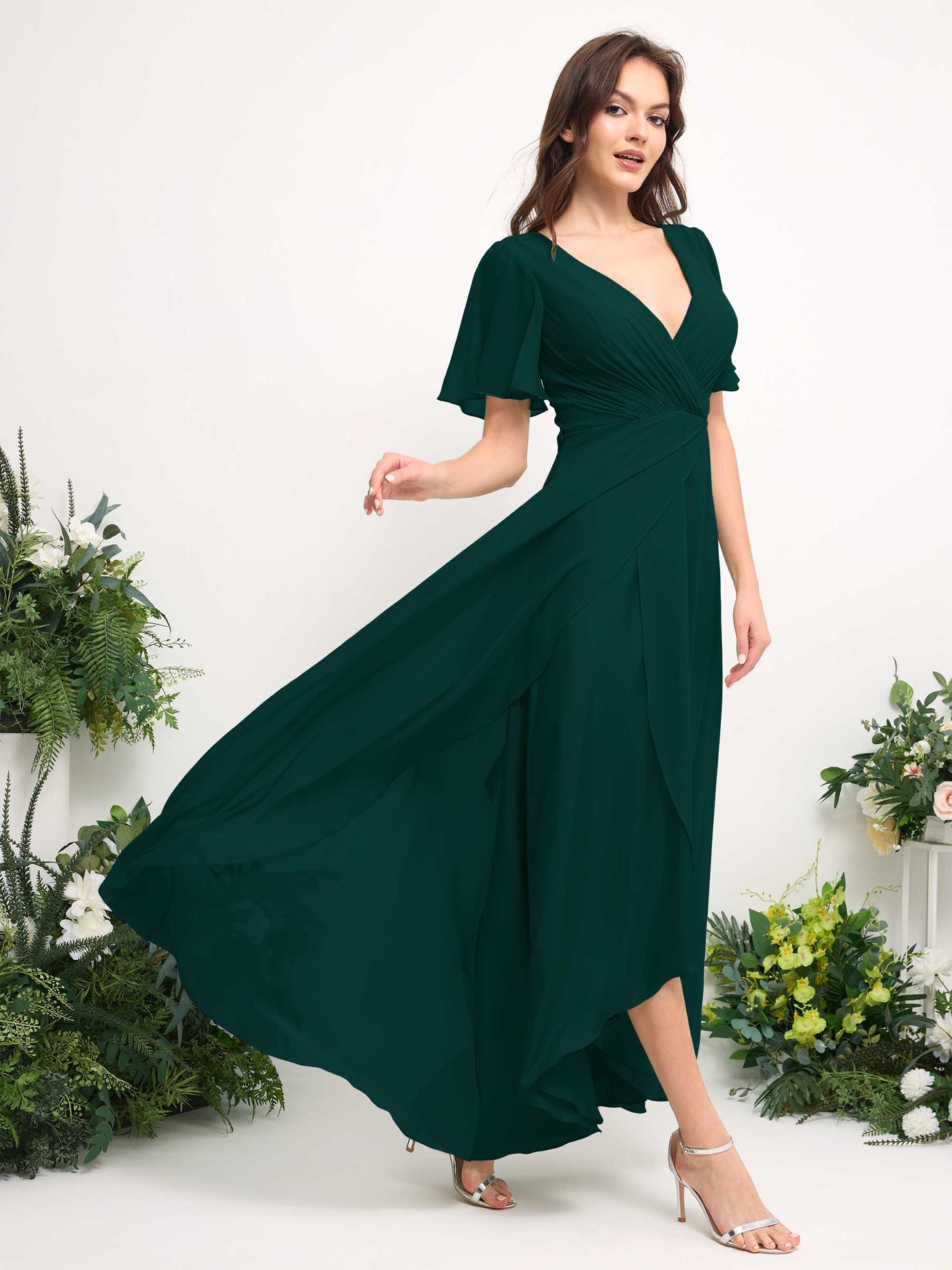 A-Line Asymmetric Chiffon Maxi Dress | V-Neck Short Sleeve Bridesmaid & Wedding Guest Dress #color_dark-emerald