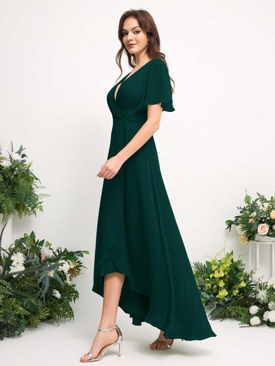 A-Line Asymmetric Chiffon Maxi Dress | V-Neck Short Sleeve Bridesmaid & Wedding Guest Dress #color_dark-emerald