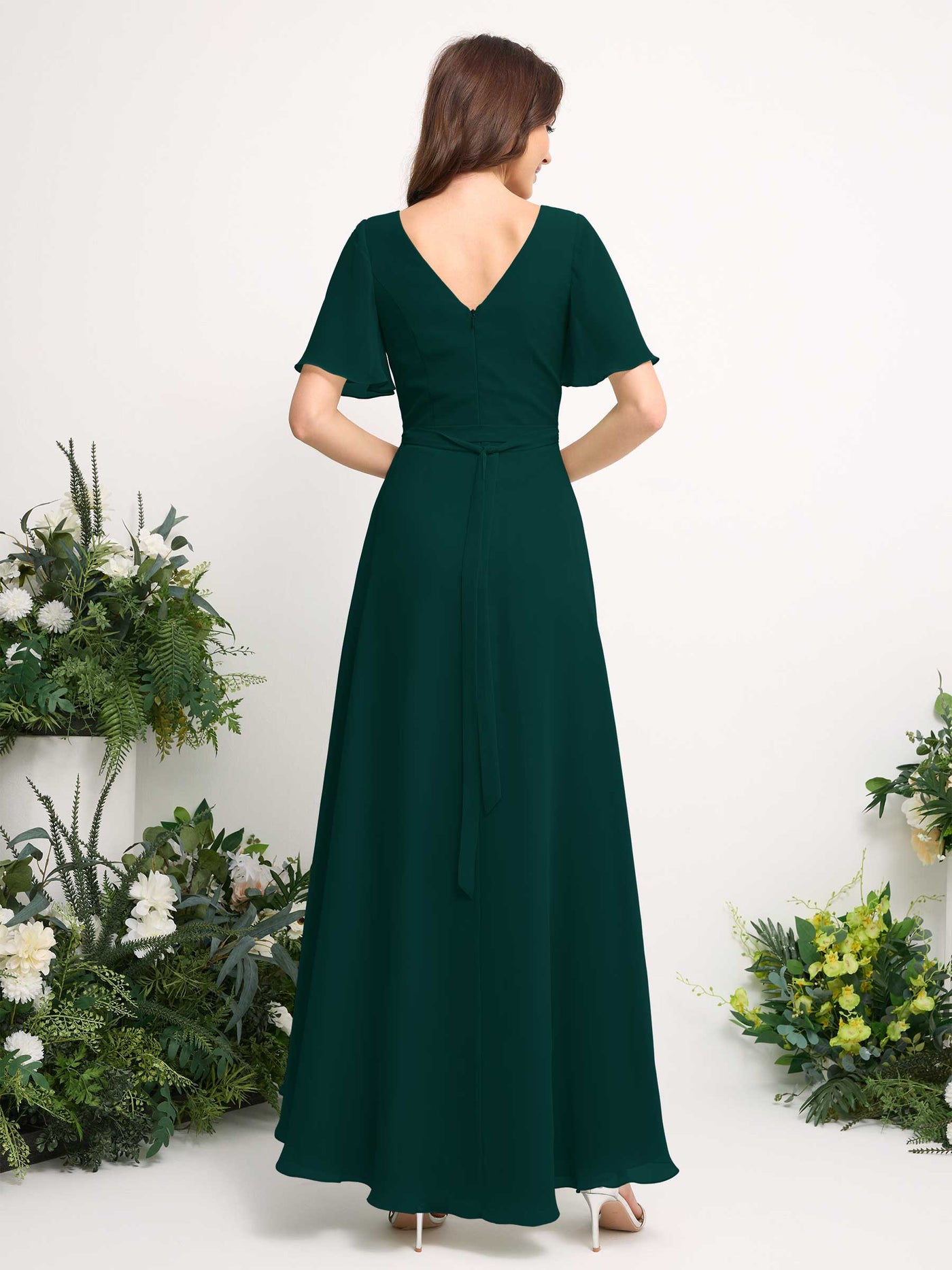 A-Line Asymmetric Chiffon Maxi Dress | V-Neck Short Sleeve Bridesmaid & Wedding Guest Dress #color_dark-emerald