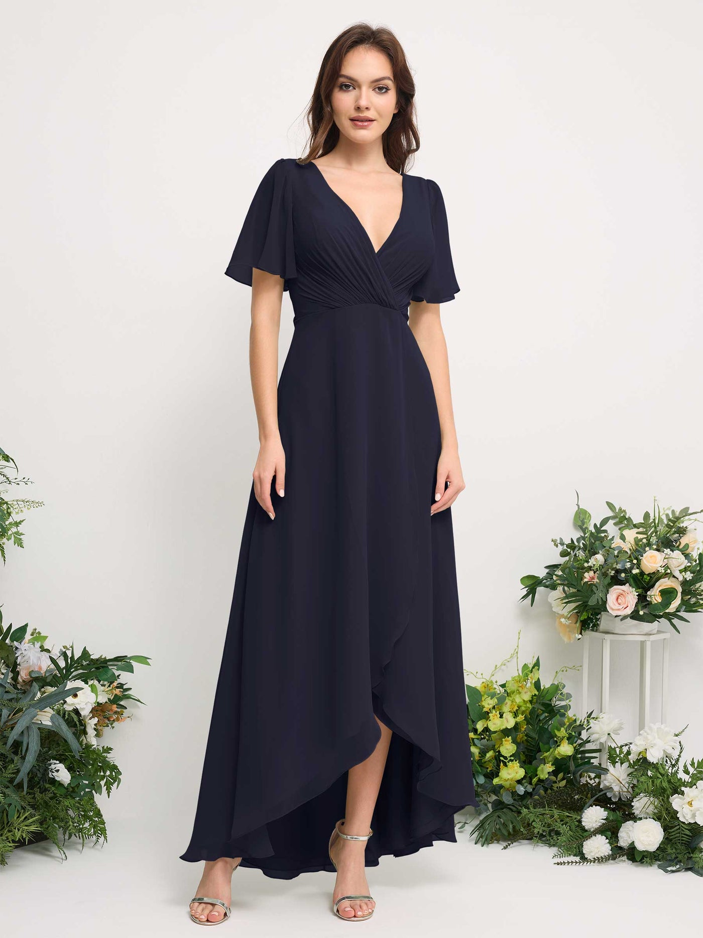 A-Line Asymmetric Chiffon Maxi Dress | V-Neck Short Sleeve Bridesmaid & Wedding Guest Dress #color_dark-navy