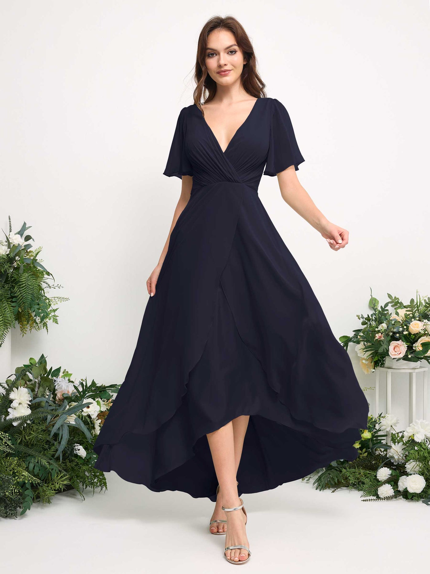 A-Line Asymmetric Chiffon Maxi Dress | V-Neck Short Sleeve Bridesmaid & Wedding Guest Dress #color_dark-navy