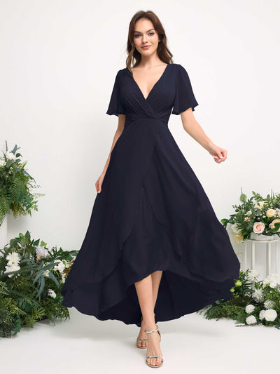 A-Line Asymmetric Chiffon Maxi Dress | V-Neck Short Sleeve Bridesmaid & Wedding Guest Dress #color_dark-navy