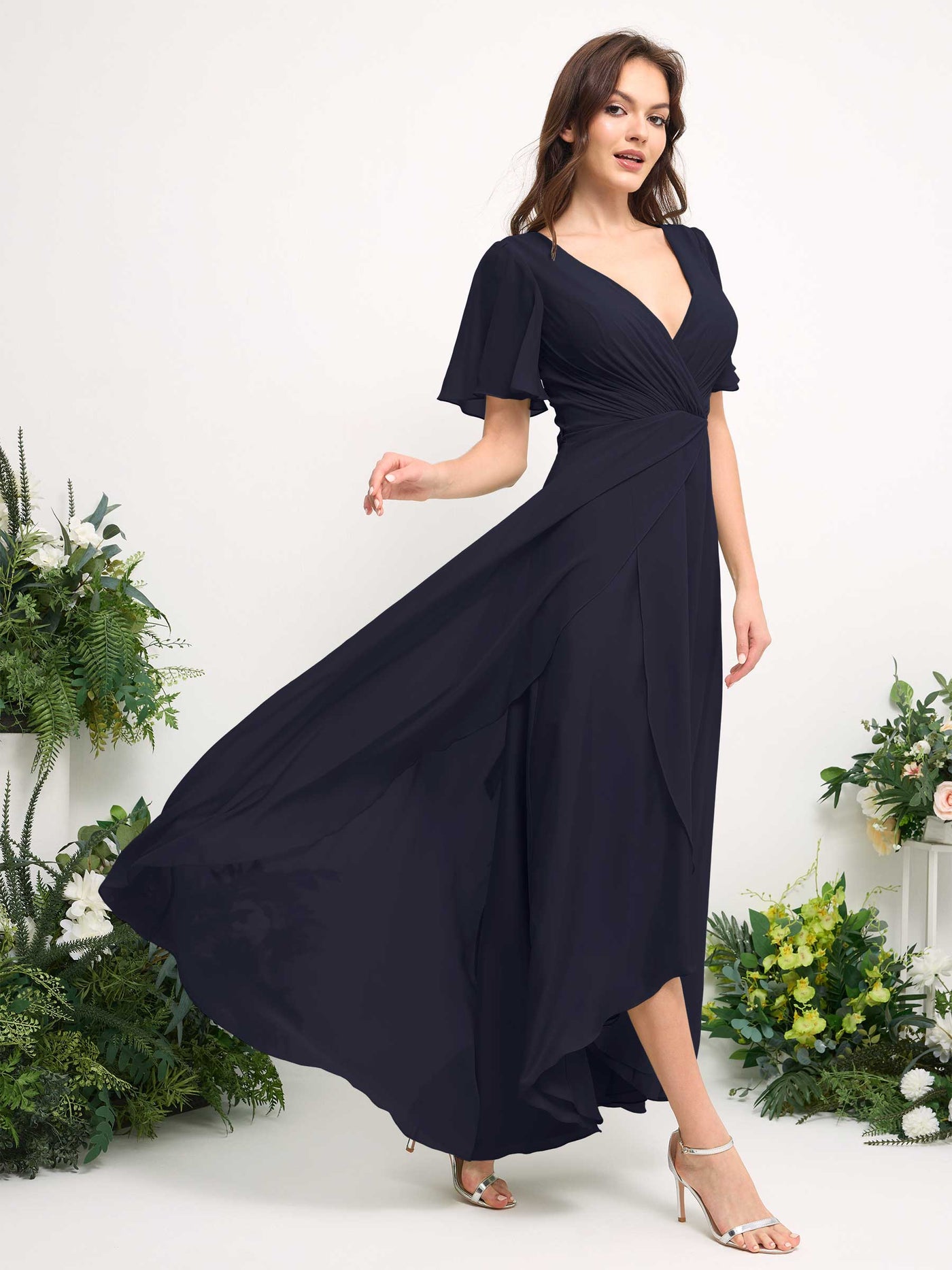 A-Line Asymmetric Chiffon Maxi Dress | V-Neck Short Sleeve Bridesmaid & Wedding Guest Dress #color_dark-navy