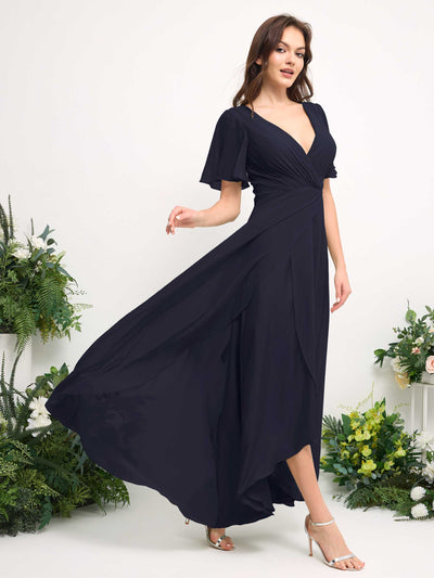 A-Line Asymmetric Chiffon Maxi Dress | V-Neck Short Sleeve Bridesmaid & Wedding Guest Dress #color_dark-navy