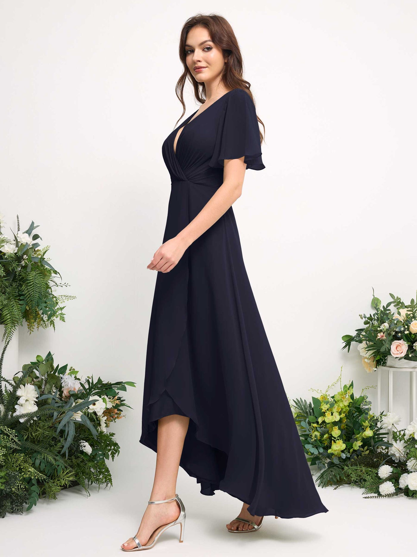 A-Line Asymmetric Chiffon Maxi Dress | V-Neck Short Sleeve Bridesmaid & Wedding Guest Dress #color_dark-navy