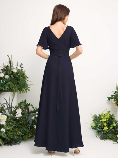 A-Line Asymmetric Chiffon Maxi Dress | V-Neck Short Sleeve Bridesmaid & Wedding Guest Dress #color_dark-navy