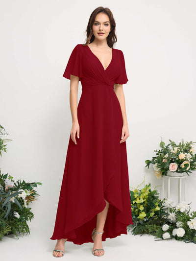 A-Line Asymmetric Chiffon Maxi Dress | V-Neck Short Sleeve Bridesmaid & Wedding Guest Dress #color_rust