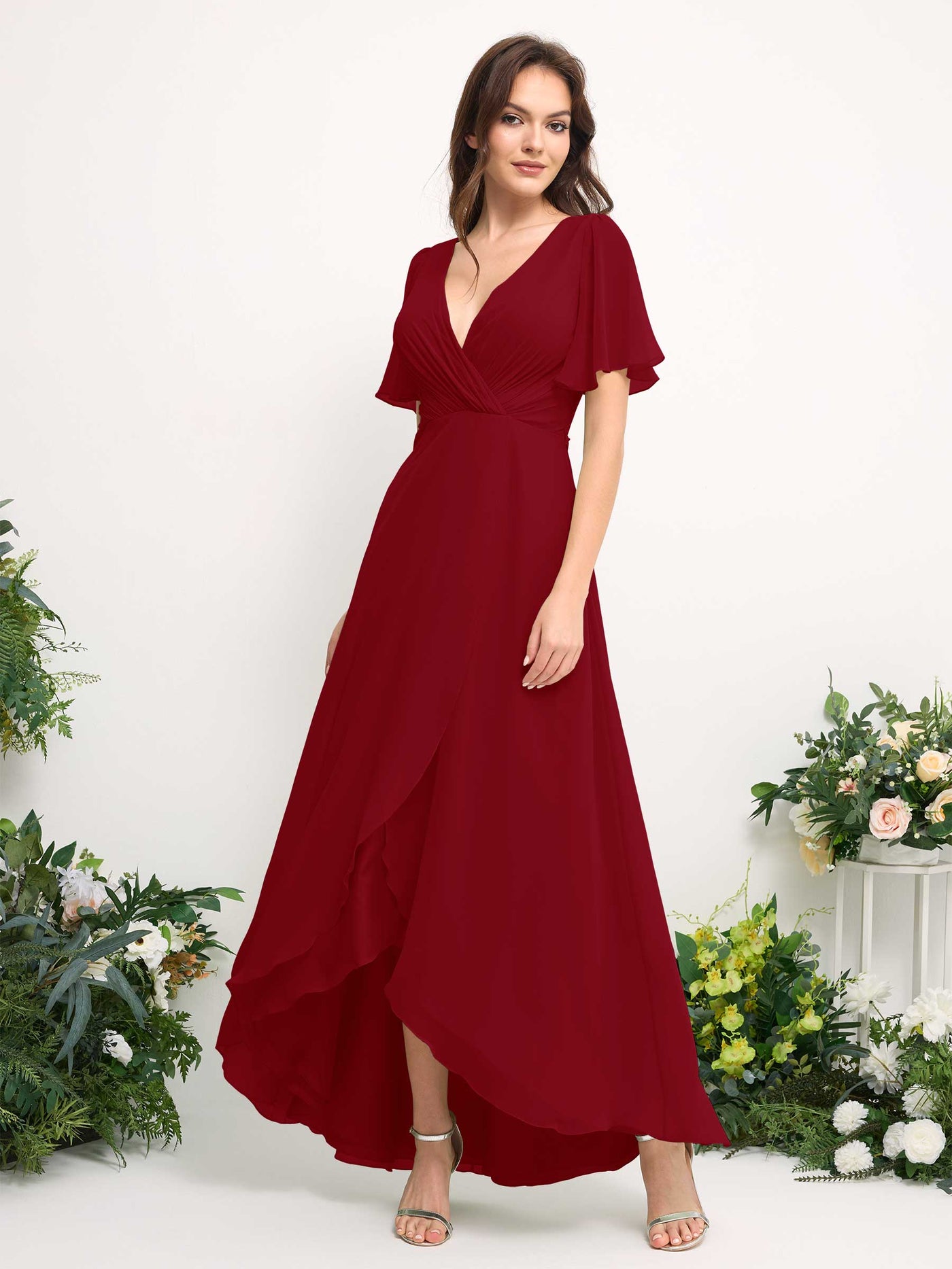 A-Line Asymmetric Chiffon Maxi Dress | V-Neck Short Sleeve Bridesmaid & Wedding Guest Dress #color_rust