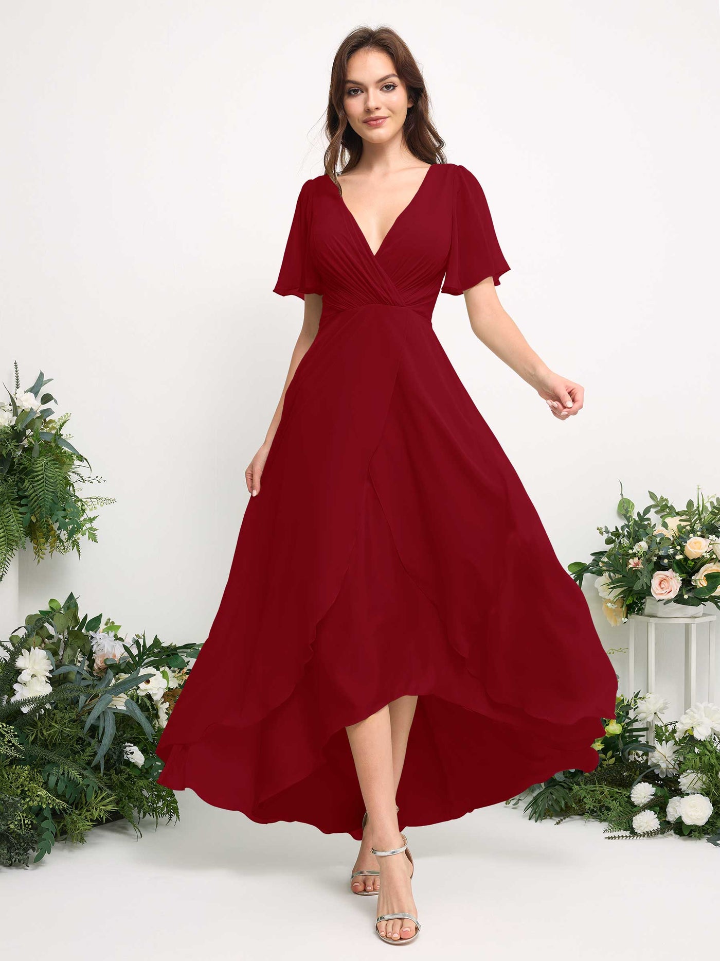 A-Line Asymmetric Chiffon Maxi Dress | V-Neck Short Sleeve Bridesmaid & Wedding Guest Dress #color_rust