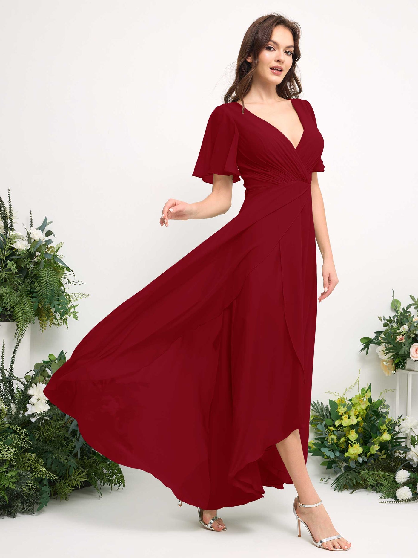 A-Line Asymmetric Chiffon Maxi Dress | V-Neck Short Sleeve Bridesmaid & Wedding Guest Dress #color_rust