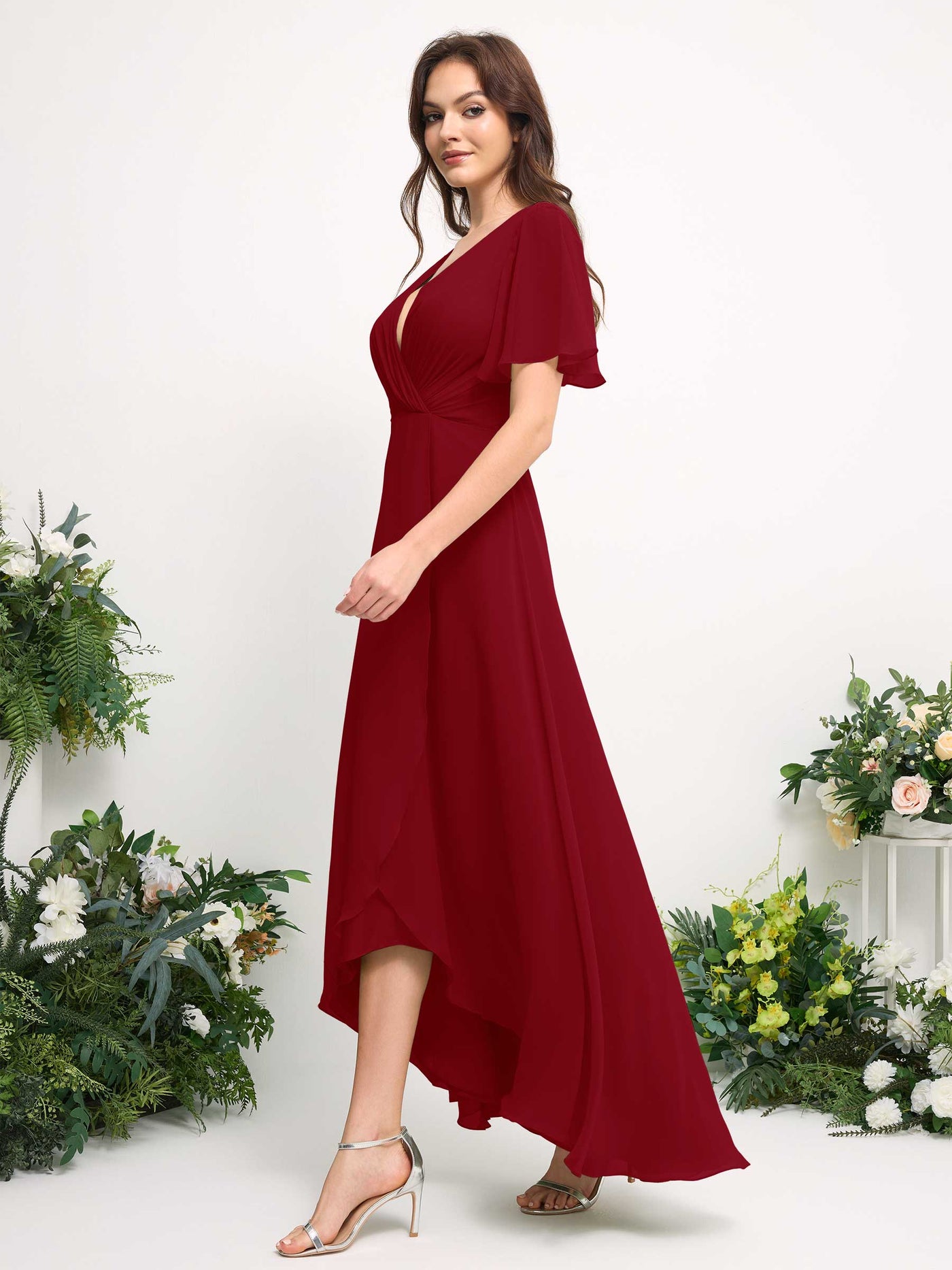 A-Line Asymmetric Chiffon Maxi Dress | V-Neck Short Sleeve Bridesmaid & Wedding Guest Dress #color_rust