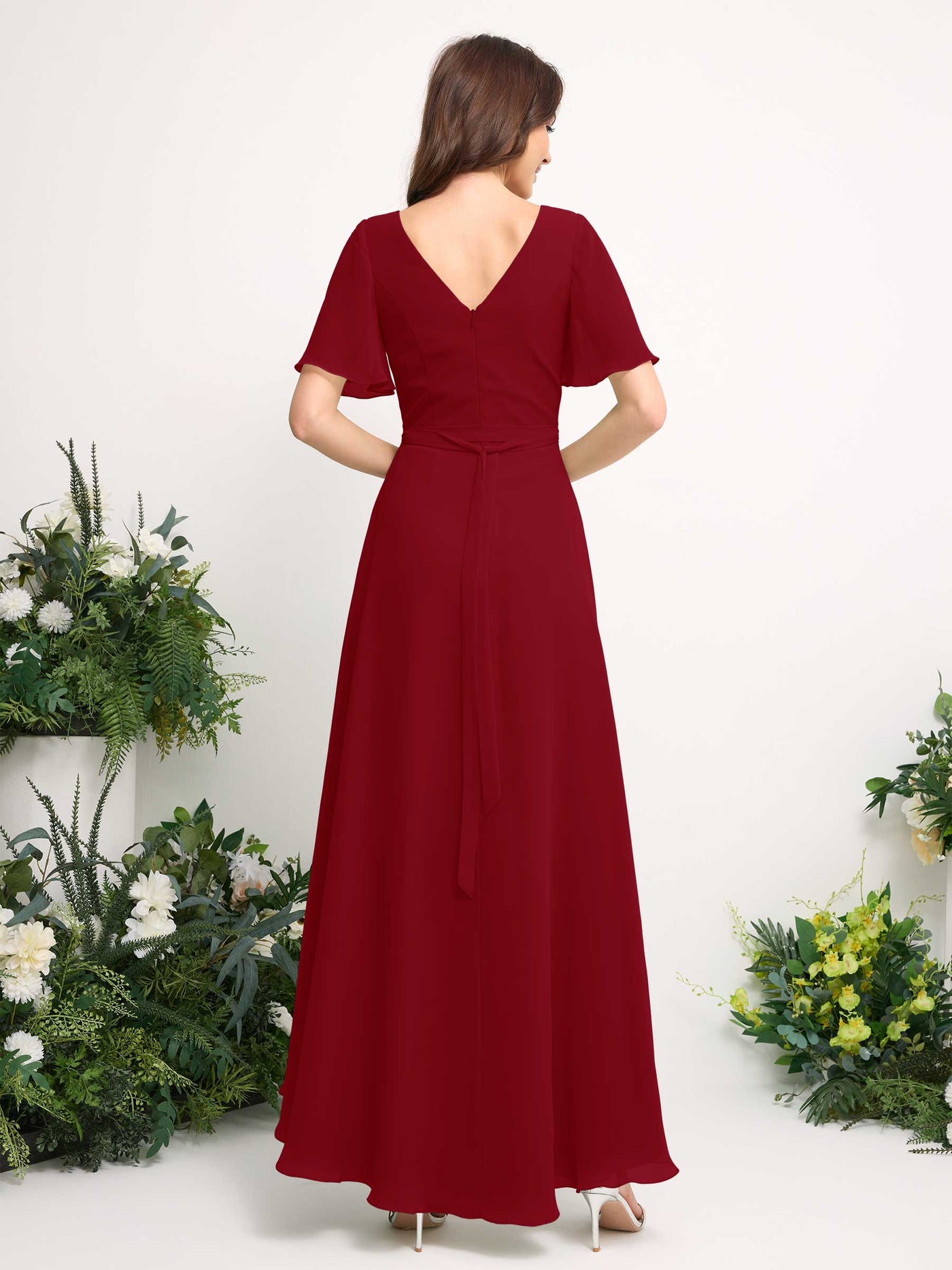 A-Line Asymmetric Chiffon Maxi Dress | V-Neck Short Sleeve Bridesmaid & Wedding Guest Dress #color_rust