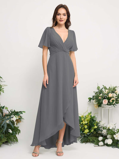 A-Line Asymmetric Chiffon Maxi Dress | V-Neck Short Sleeve Bridesmaid & Wedding Guest Dress #color_steel-gray