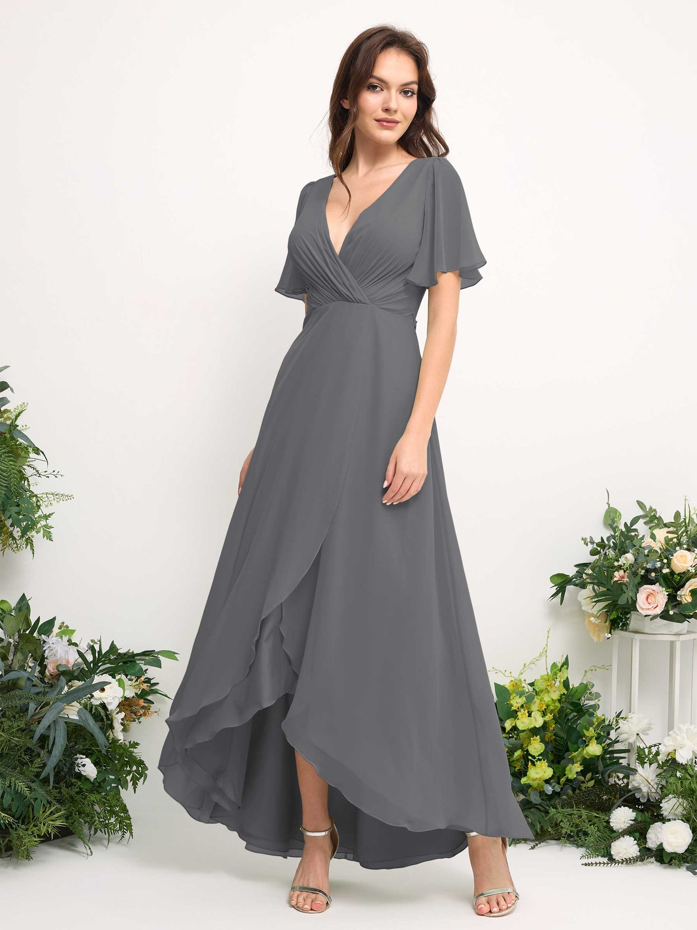 A-Line Asymmetric Chiffon Maxi Dress | V-Neck Short Sleeve Bridesmaid & Wedding Guest Dress #color_steel-gray