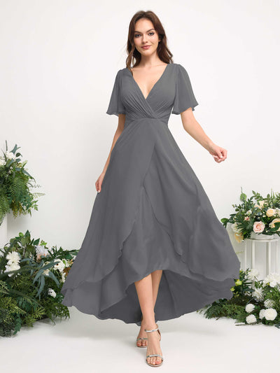 A-Line Asymmetric Chiffon Maxi Dress | V-Neck Short Sleeve Bridesmaid & Wedding Guest Dress #color_steel-gray