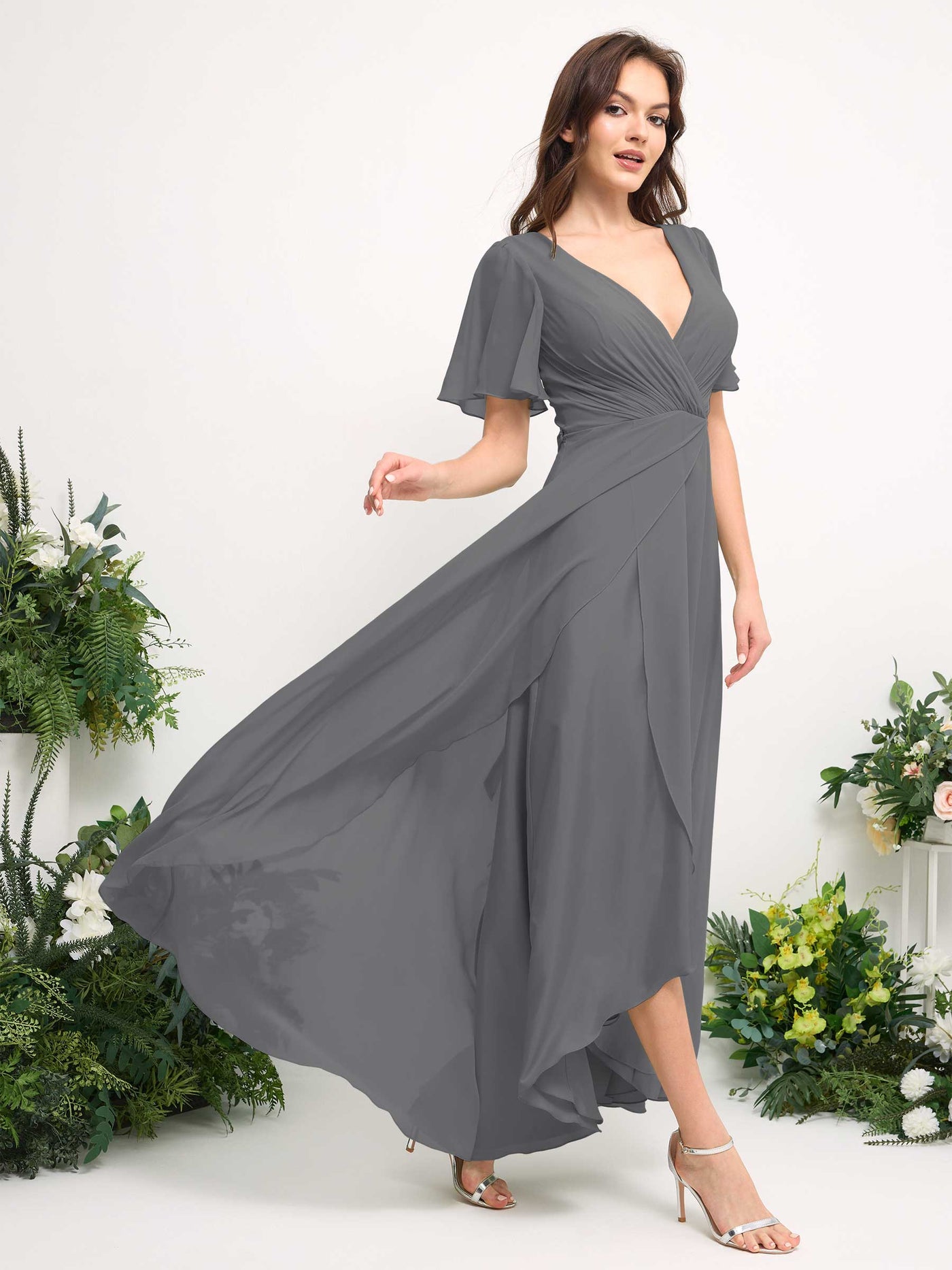 A-Line Asymmetric Chiffon Maxi Dress | V-Neck Short Sleeve Bridesmaid & Wedding Guest Dress #color_steel-gray