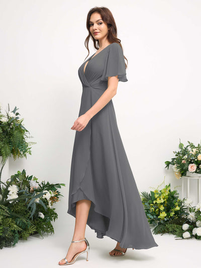 A-Line Asymmetric Chiffon Maxi Dress | V-Neck Short Sleeve Bridesmaid & Wedding Guest Dress #color_steel-gray