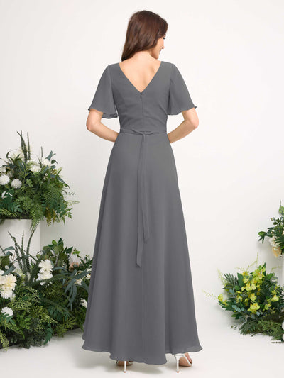 A-Line Asymmetric Chiffon Maxi Dress | V-Neck Short Sleeve Bridesmaid & Wedding Guest Dress #color_steel-gray