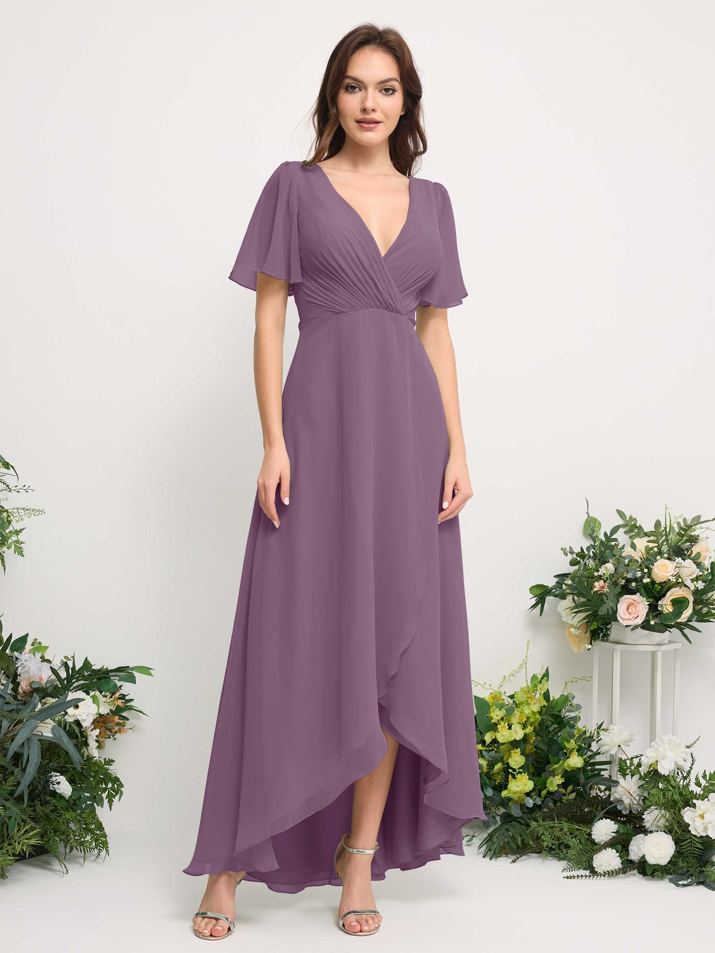 A-Line Asymmetric Chiffon Maxi Dress | V-Neck Short Sleeve Bridesmaid & Wedding Guest Dress #color_orchid-mist