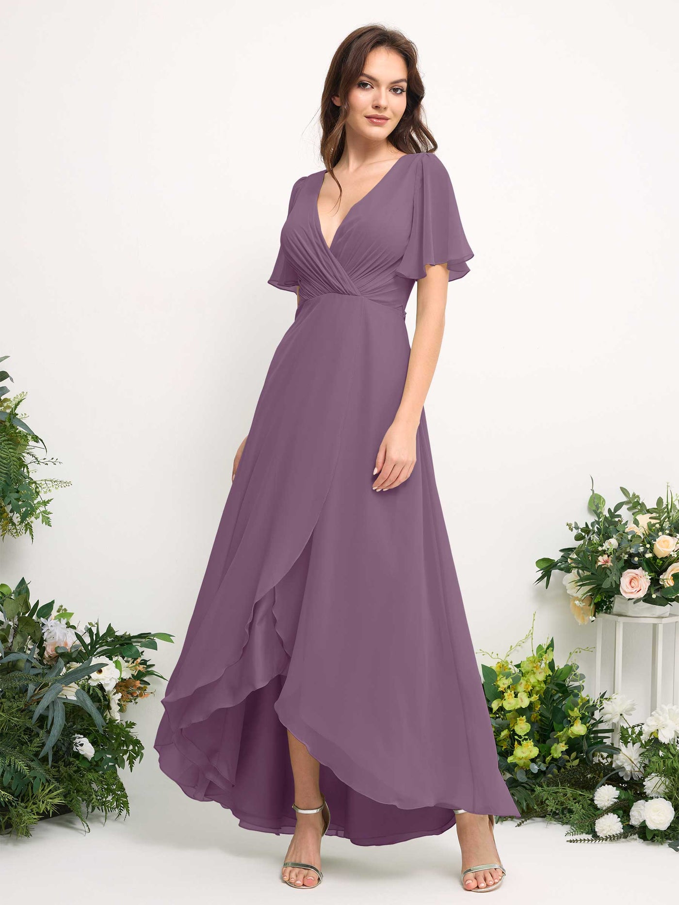A-Line Asymmetric Chiffon Maxi Dress | V-Neck Short Sleeve Bridesmaid & Wedding Guest Dress #color_orchid-mist