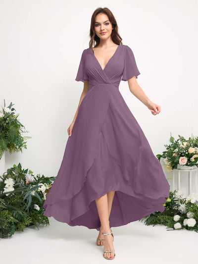 A-Line Asymmetric Chiffon Maxi Dress | V-Neck Short Sleeve Bridesmaid & Wedding Guest Dress #color_orchid-mist