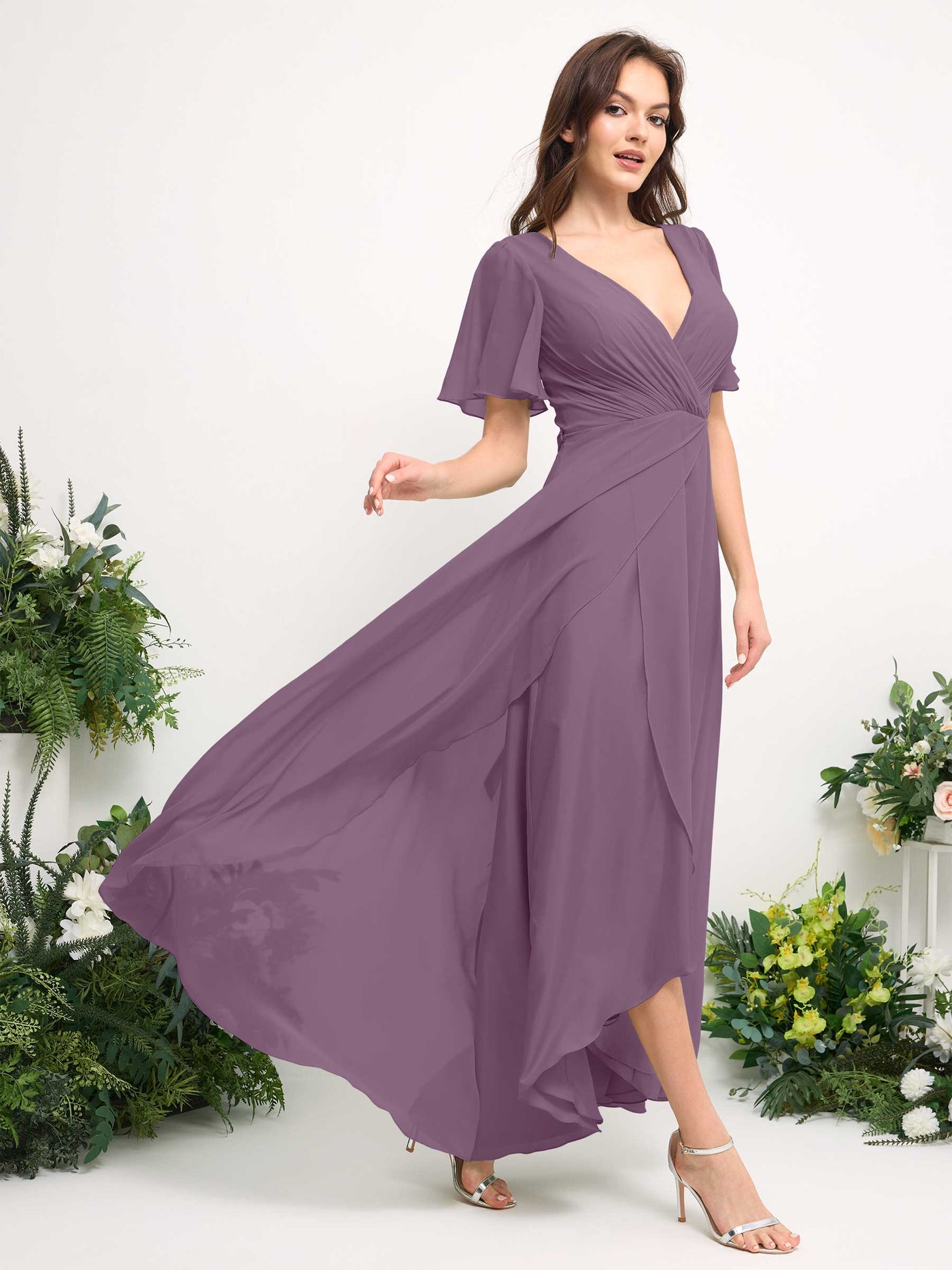 A-Line Asymmetric Chiffon Maxi Dress | V-Neck Short Sleeve Bridesmaid & Wedding Guest Dress #color_orchid-mist