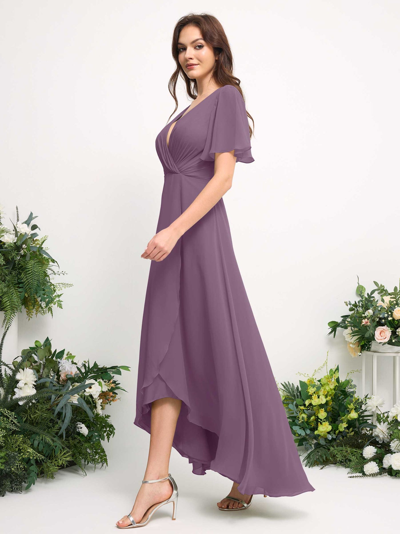 A-Line Asymmetric Chiffon Maxi Dress | V-Neck Short Sleeve Bridesmaid & Wedding Guest Dress #color_orchid-mist