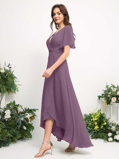 A-Line Asymmetric Chiffon Maxi Dress | V-Neck Short Sleeve Bridesmaid & Wedding Guest Dress #color_orchid-mist