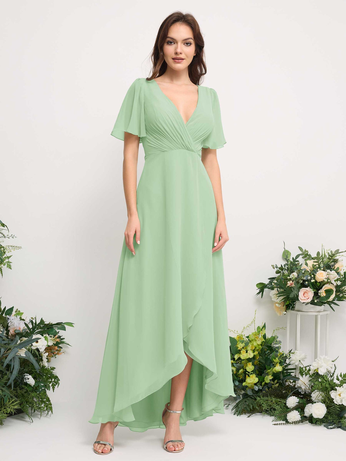 A-Line Asymmetric Chiffon Maxi Dress | V-Neck Short Sleeve Bridesmaid & Wedding Guest Dress #color_mint-green