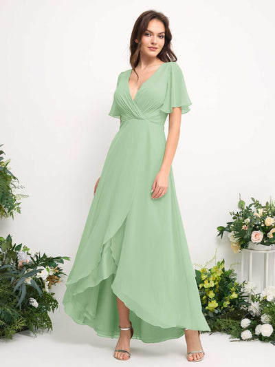 A-Line Asymmetric Chiffon Maxi Dress | V-Neck Short Sleeve Bridesmaid & Wedding Guest Dress #color_mint-green