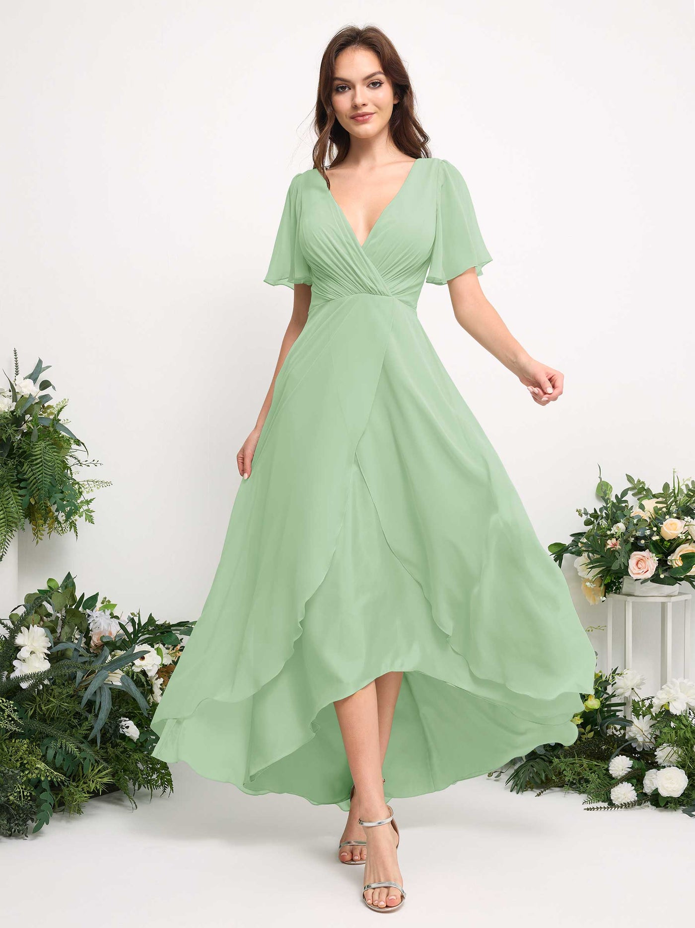A-Line Asymmetric Chiffon Maxi Dress | V-Neck Short Sleeve Bridesmaid & Wedding Guest Dress #color_mint-green