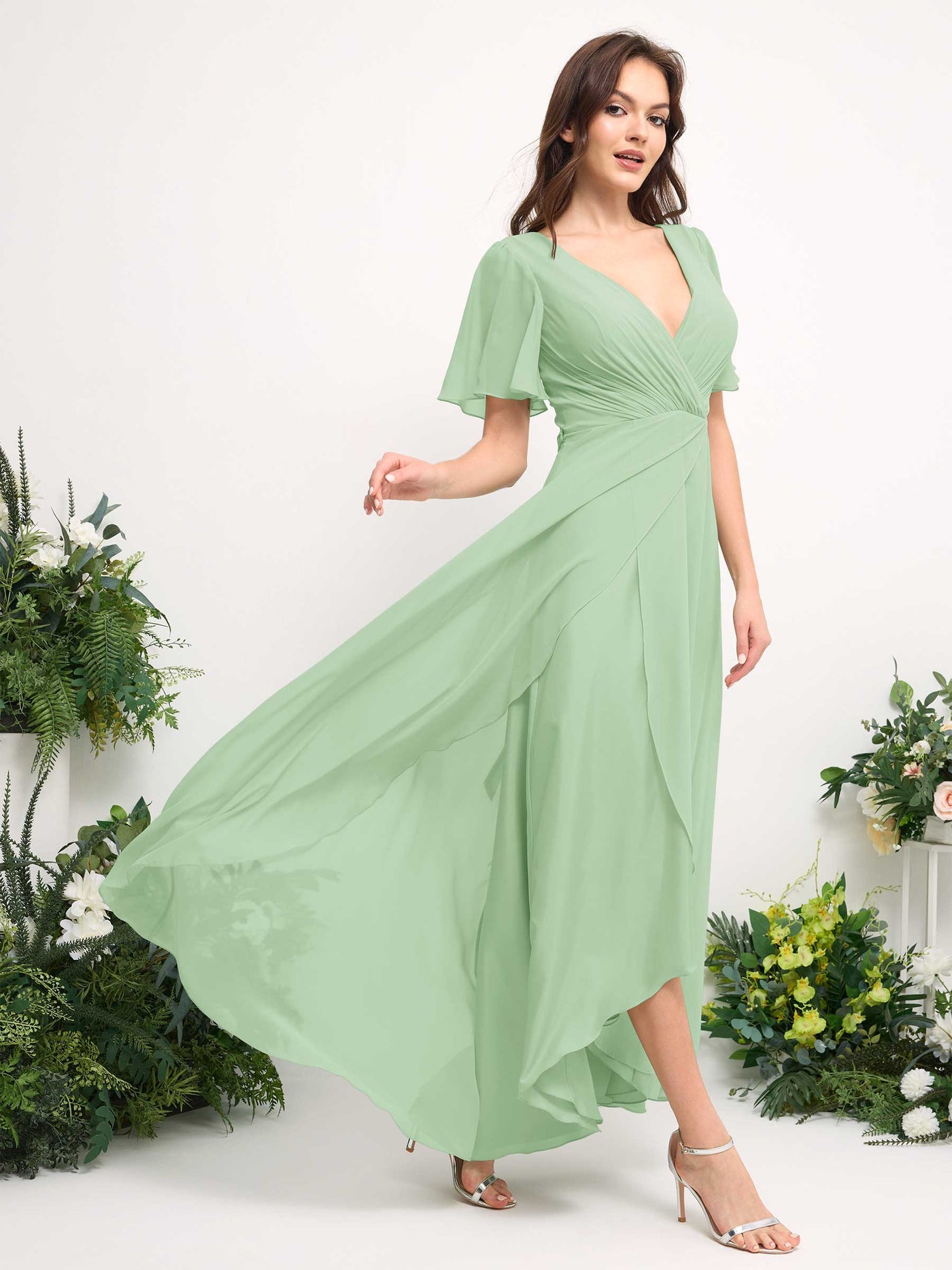 A-Line Asymmetric Chiffon Maxi Dress | V-Neck Short Sleeve Bridesmaid & Wedding Guest Dress #color_mint-green