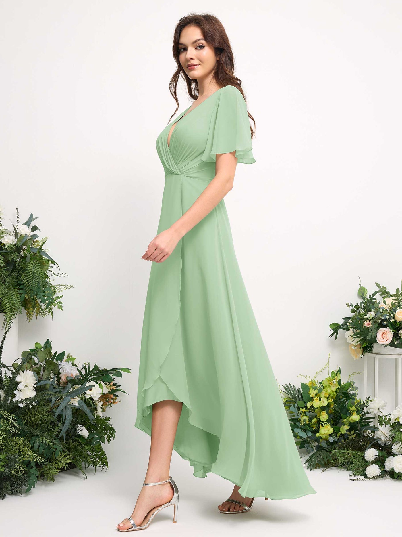 A-Line Asymmetric Chiffon Maxi Dress | V-Neck Short Sleeve Bridesmaid & Wedding Guest Dress #color_mint-green