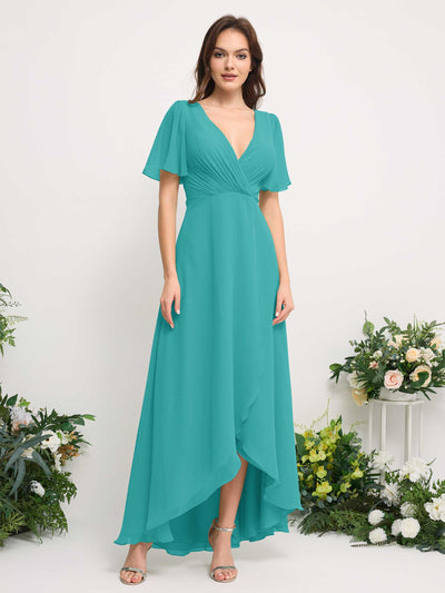 A-Line Asymmetric Chiffon Maxi Dress | V-Neck Short Sleeve Bridesmaid & Wedding Guest Dress #color_turquoise