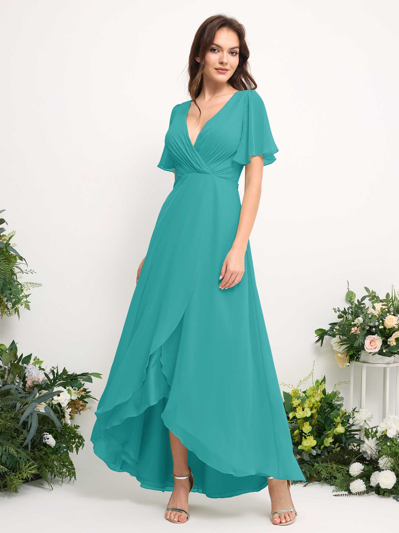 A-Line Asymmetric Chiffon Maxi Dress | V-Neck Short Sleeve Bridesmaid & Wedding Guest Dress #color_turquoise