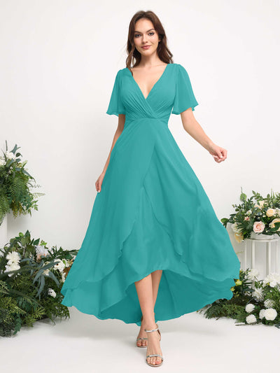 A-Line Asymmetric Chiffon Maxi Dress | V-Neck Short Sleeve Bridesmaid & Wedding Guest Dress #color_turquoise