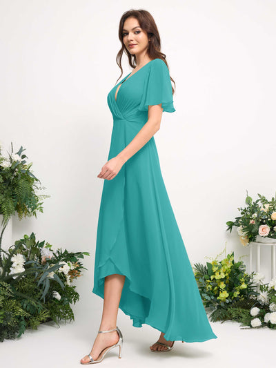 A-Line Asymmetric Chiffon Maxi Dress | V-Neck Short Sleeve Bridesmaid & Wedding Guest Dress #color_turquoise
