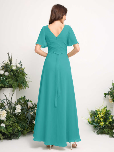 A-Line Asymmetric Chiffon Maxi Dress | V-Neck Short Sleeve Bridesmaid & Wedding Guest Dress #color_turquoise