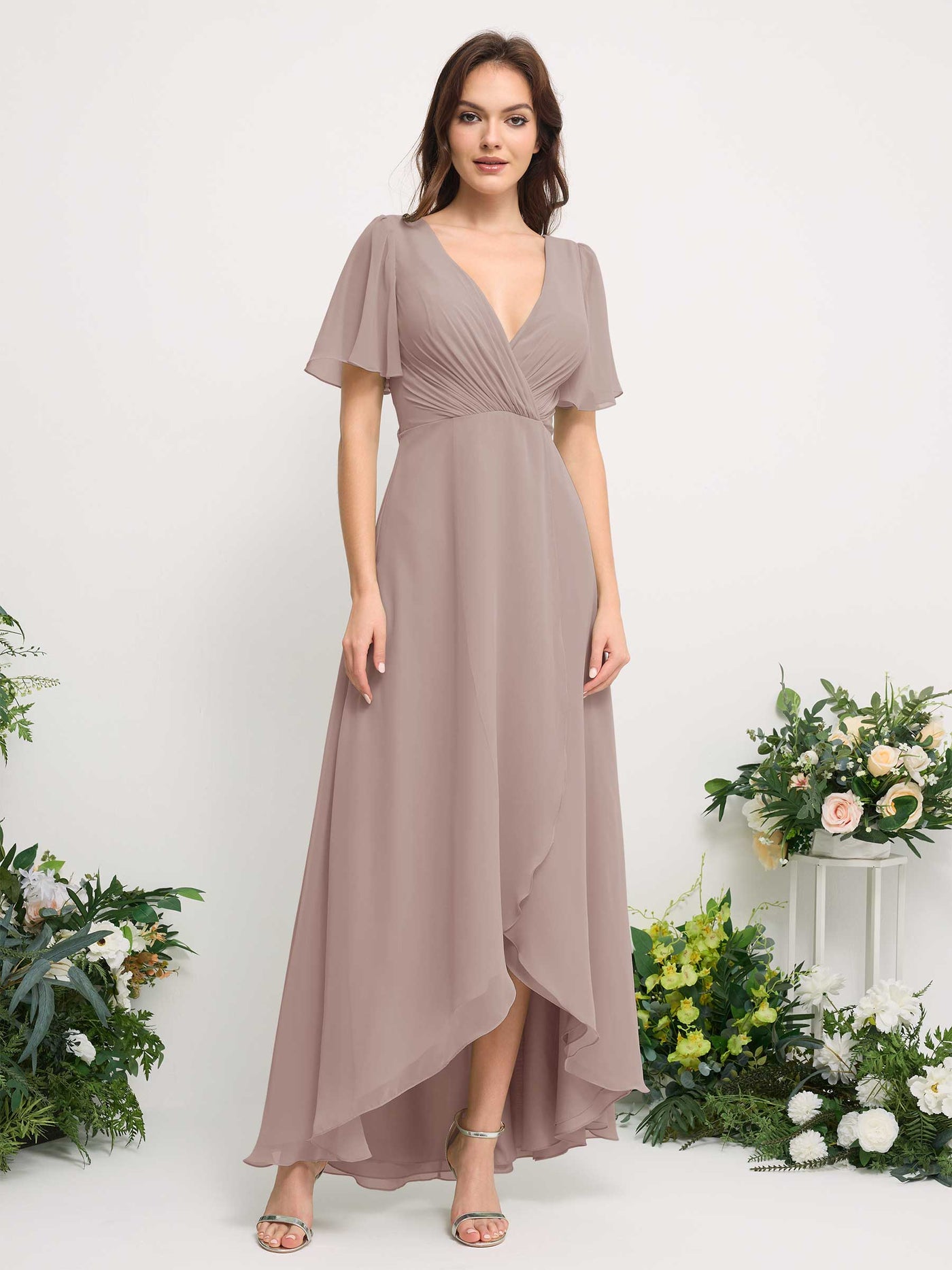 A-Line Asymmetric Chiffon Maxi Dress | V-Neck Short Sleeve Bridesmaid & Wedding Guest Dress #color_taupe