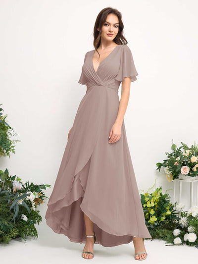 A-Line Asymmetric Chiffon Maxi Dress | V-Neck Short Sleeve Bridesmaid & Wedding Guest Dress #color_taupe
