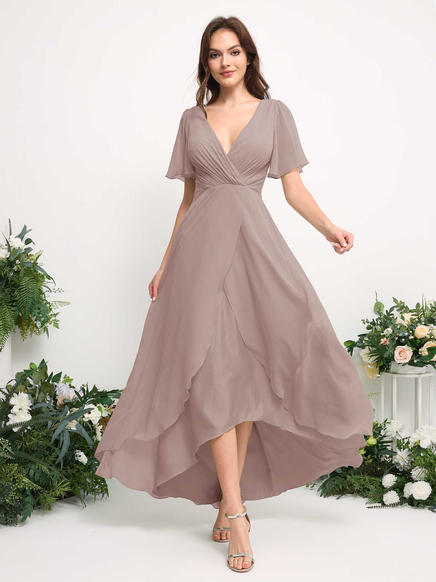 A-Line Asymmetric Chiffon Maxi Dress | V-Neck Short Sleeve Bridesmaid & Wedding Guest Dress #color_taupe