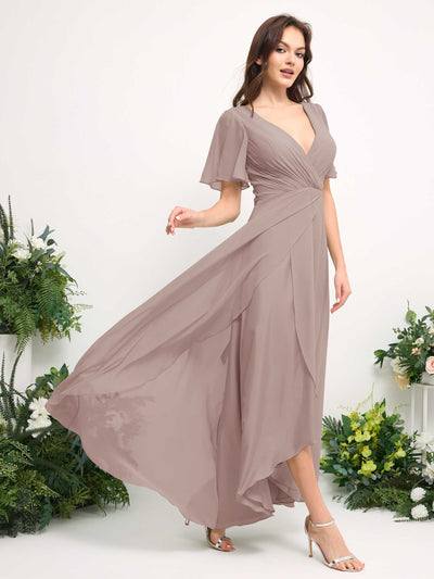 A-Line Asymmetric Chiffon Maxi Dress | V-Neck Short Sleeve Bridesmaid & Wedding Guest Dress #color_taupe